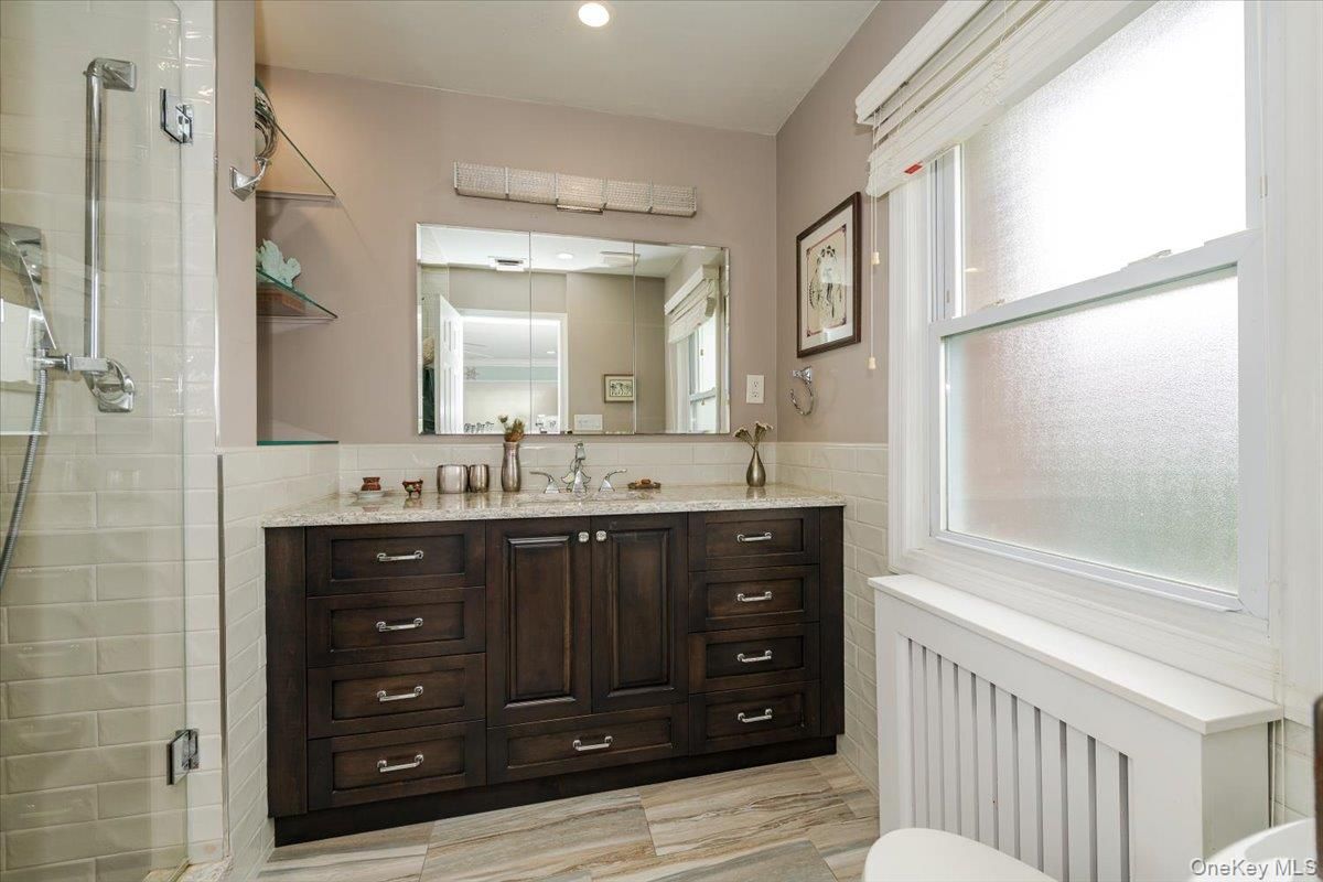 Bathroom, Glass Shower, Interior, Recessed Lighting, Wood Texture Flooring