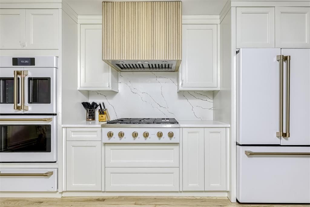 Interior, Kitchen, Marble Walls, Stainless Steel Appliances, Wood Texture Flooring