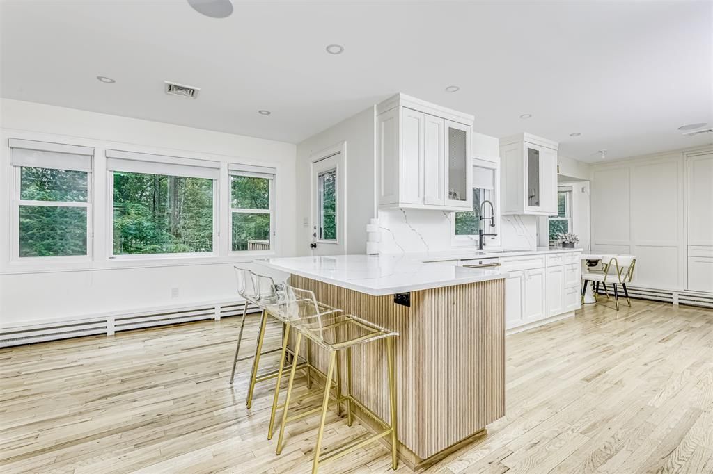 Interior, Kitchen, Marble Walls, Recessed Lighting, Wood Texture Flooring