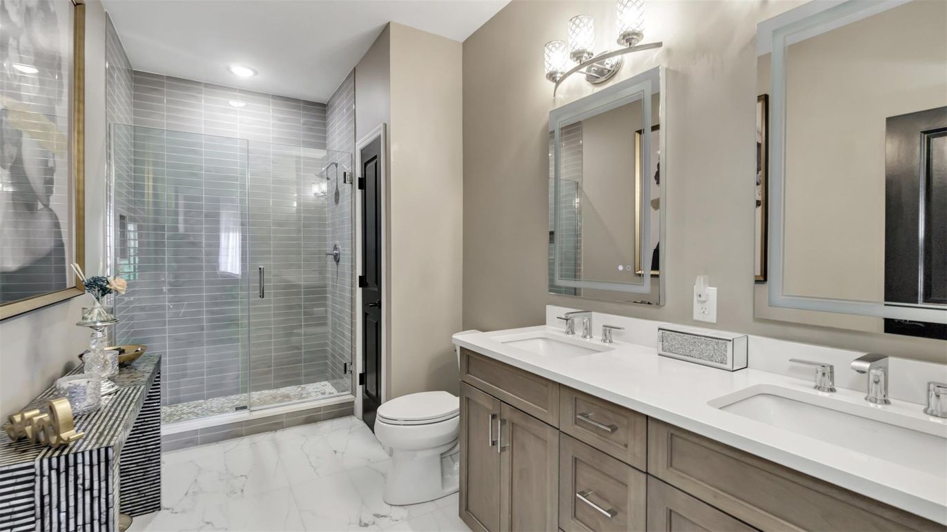 Bathroom, Dual Sink Vanities, Glass Shower, Interior, Marble, Recessed Lighting