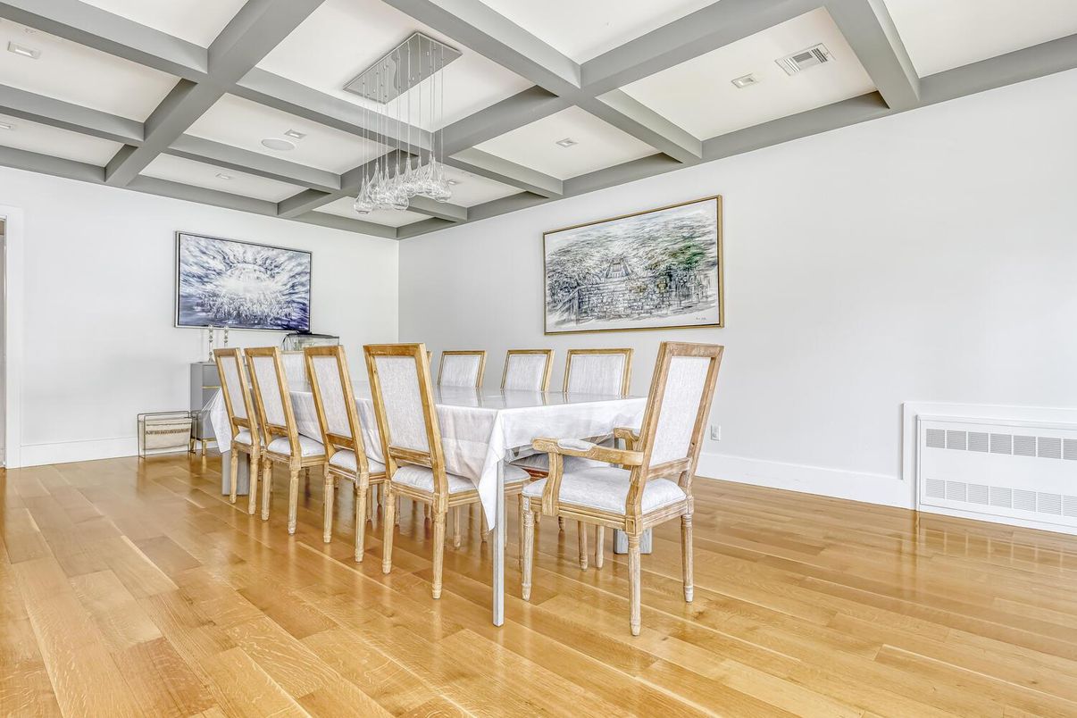 Dining room, Interior, Pendant Lights, Recessed Lighting, Wood Texture Flooring