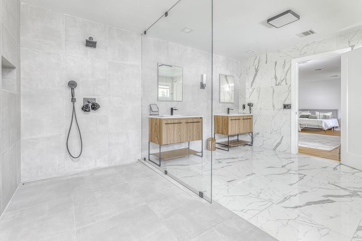 Bathroom, Dual Sink Vanities, Glass Shower, Interior, Marble, Marble Walls