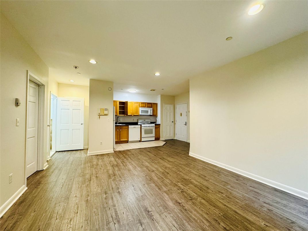 Empty room, Interior, Kitchen, Recessed Lighting, Stainless Steel Appliances, Wood Texture Flooring