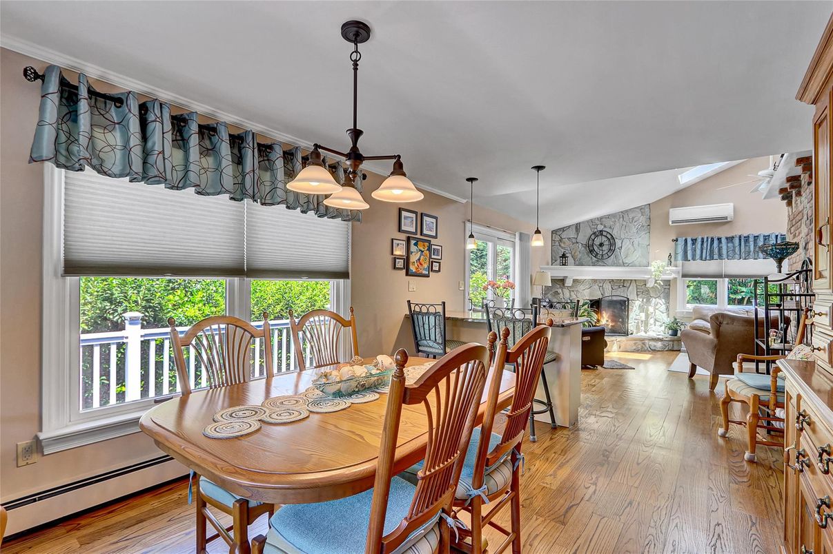 Dining room, Fireplace, Interior, Living room, Pendant Lights, Wood Texture Flooring