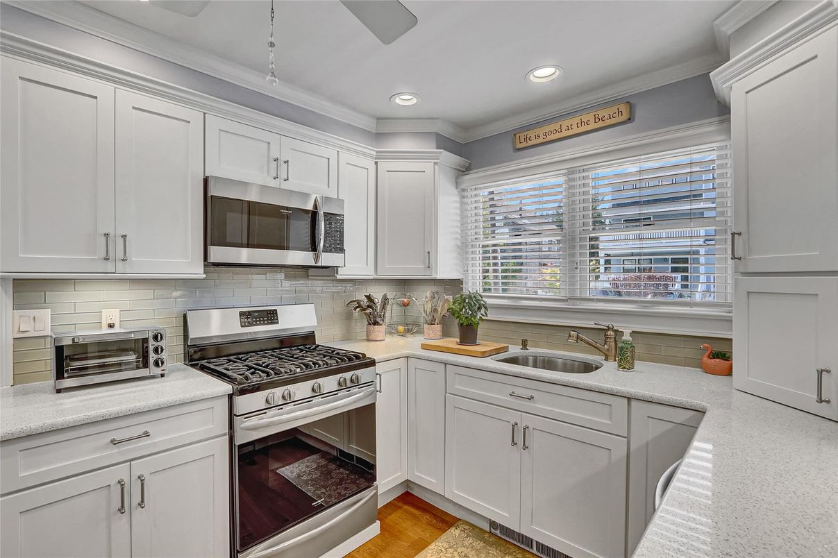 Interior, Kitchen, Recessed Lighting, Stainless Steel Appliances, Wood Texture Flooring