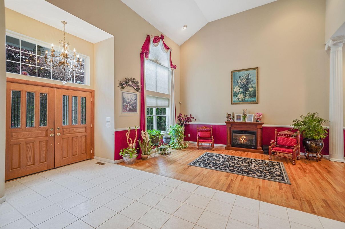 Chandelier, Fireplace, Interior, Living room, Recessed Lighting, Wood Texture Flooring
