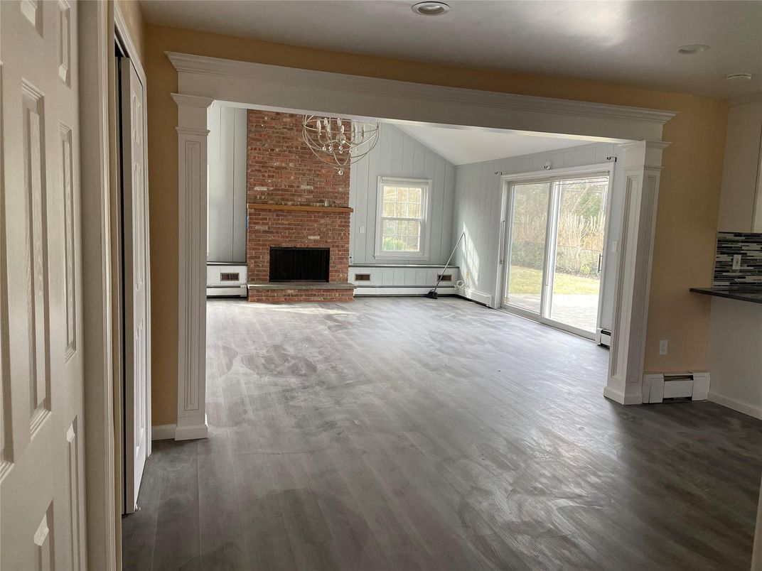 Empty room, Fireplace, Interior, Recessed Lighting, Wood Texture Flooring