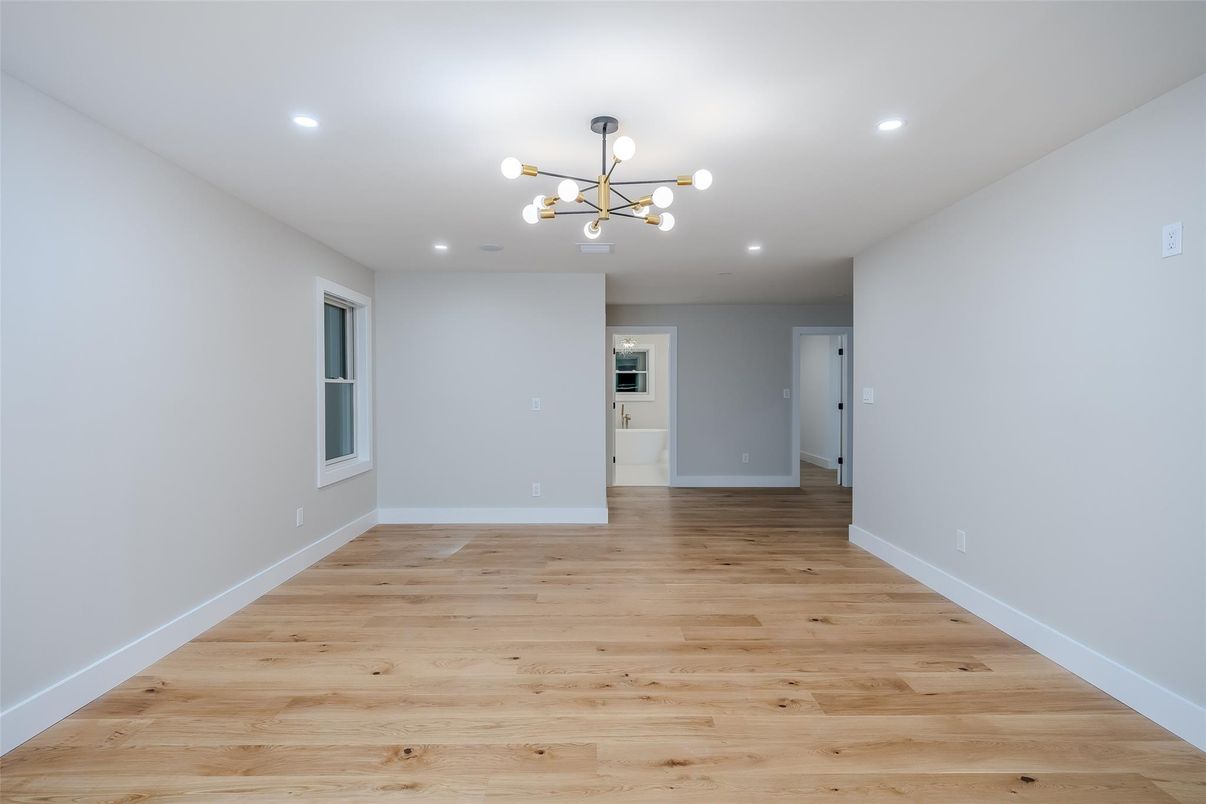 Empty room, Interior, Pendant Lights, Recessed Lighting, Wood Texture Flooring