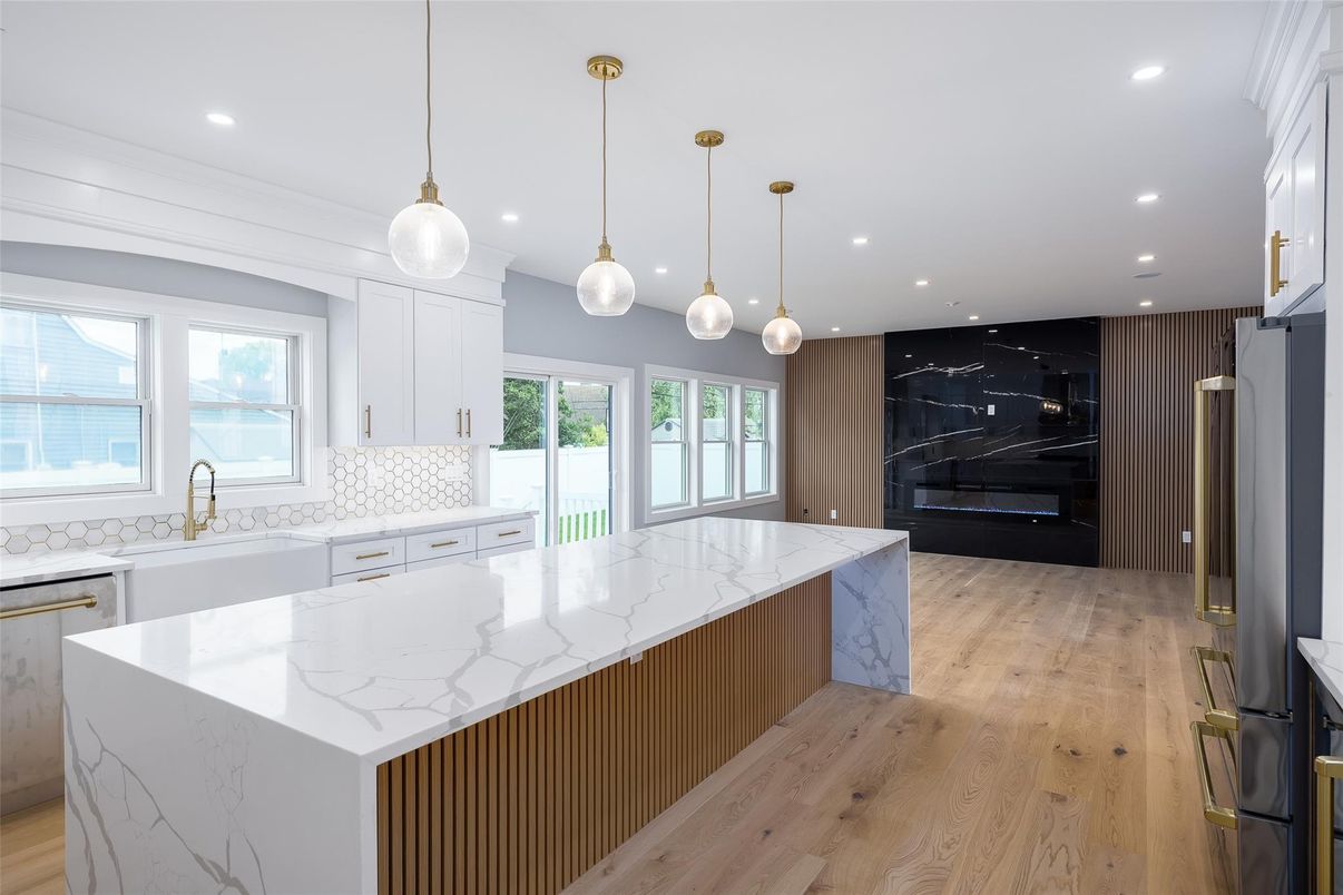 Interior, Kitchen, Pendant Lights, Recessed Lighting, Stainless Steel Appliances, Wood Texture Flooring
