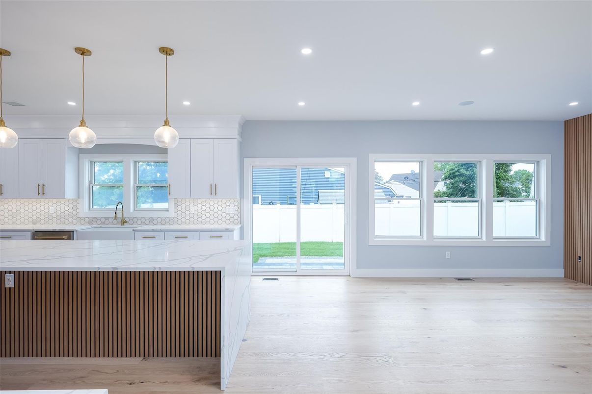 Interior, Kitchen, Pendant Lights, Recessed Lighting, Water, Wood Texture Flooring