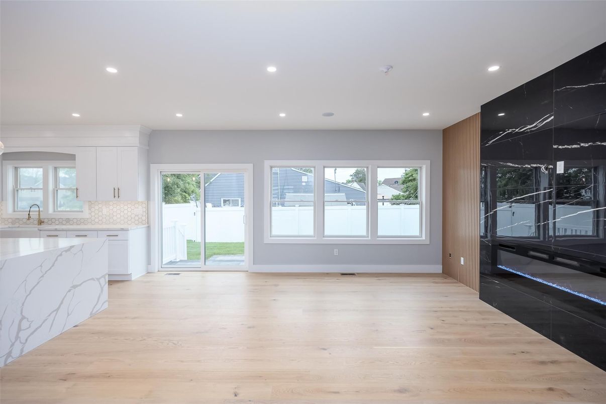 Interior, Kitchen, Marble Walls, Recessed Lighting, Wood Texture Flooring
