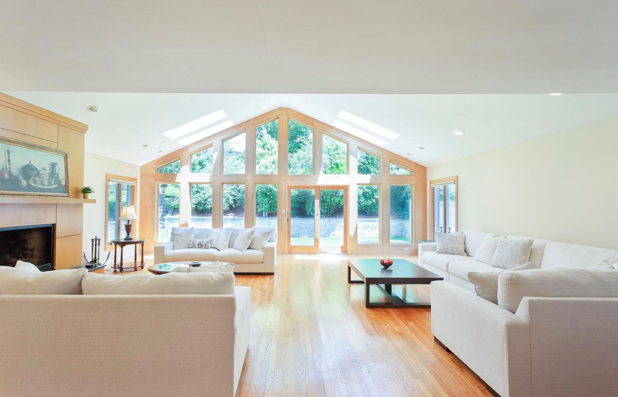 Fireplace, Interior, Living room, Recessed Lighting, Water, Wood Texture Flooring