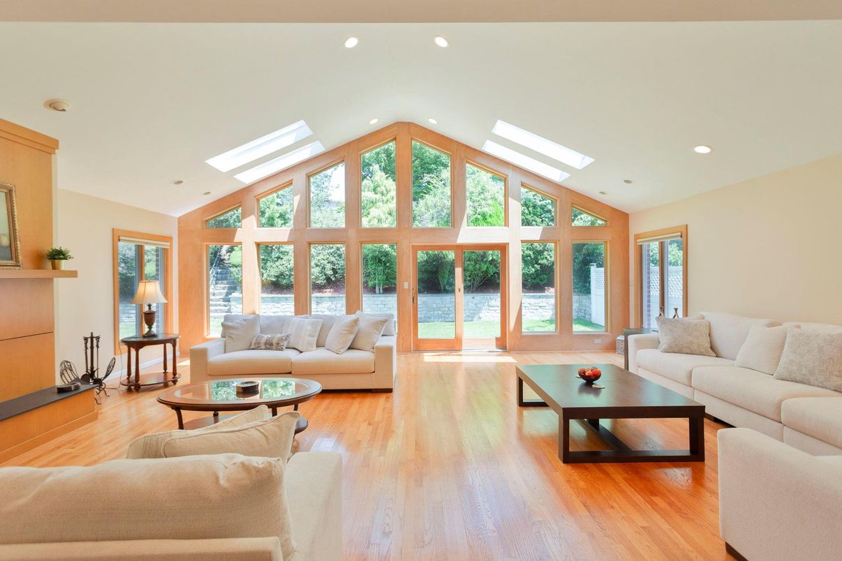 Fireplace, Interior, Living room, Recessed Lighting, Water, Wood Texture Flooring