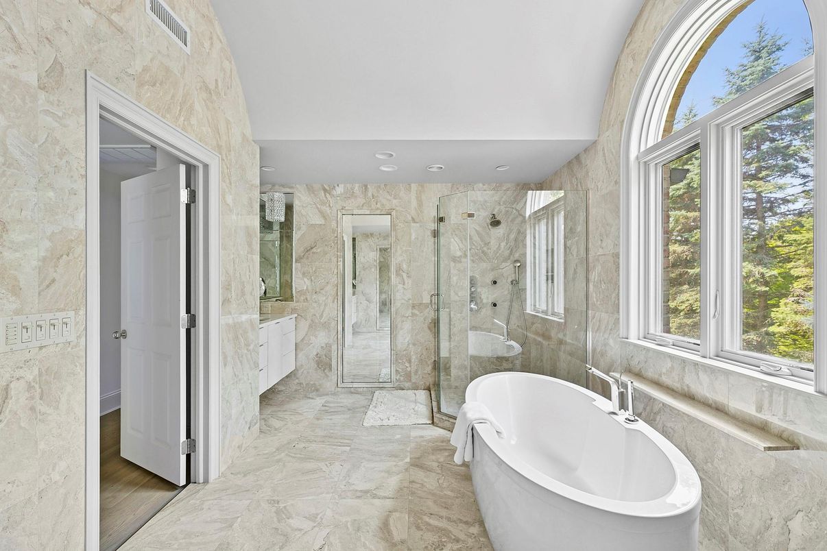 Bathroom, Free Standing Baths, Glass Shower, Interior, Marble, Marble Walls, Recessed Lighting