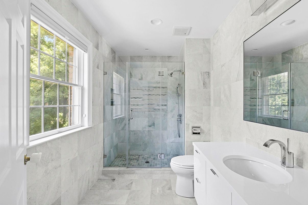 Bathroom, Glass Shower, Interior, Marble, Marble Walls, Recessed Lighting