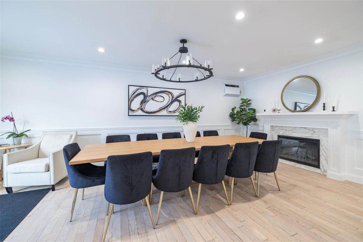 Chandelier, Dining room, Fireplace, Interior, Recessed Lighting, Wood Texture Flooring
