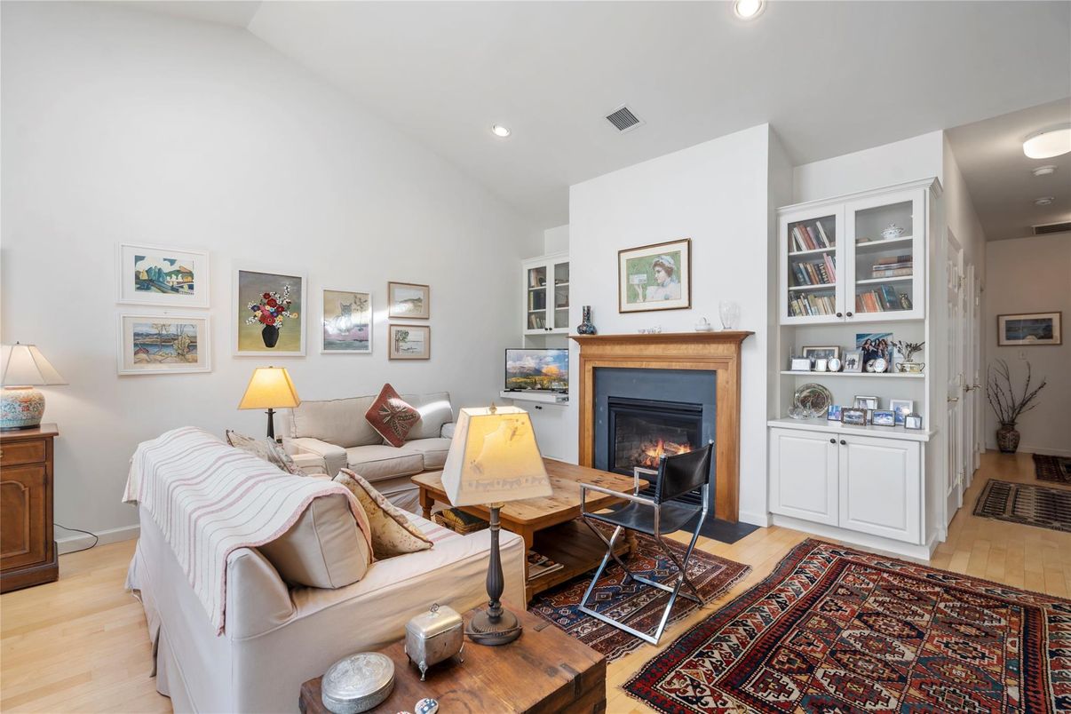 Fireplace, Interior, Living room, Recessed Lighting, Wood Texture Flooring