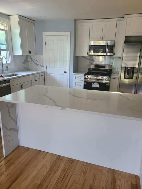 Interior, Kitchen, Marble Walls, Stainless Steel Appliances, Wood Texture Flooring