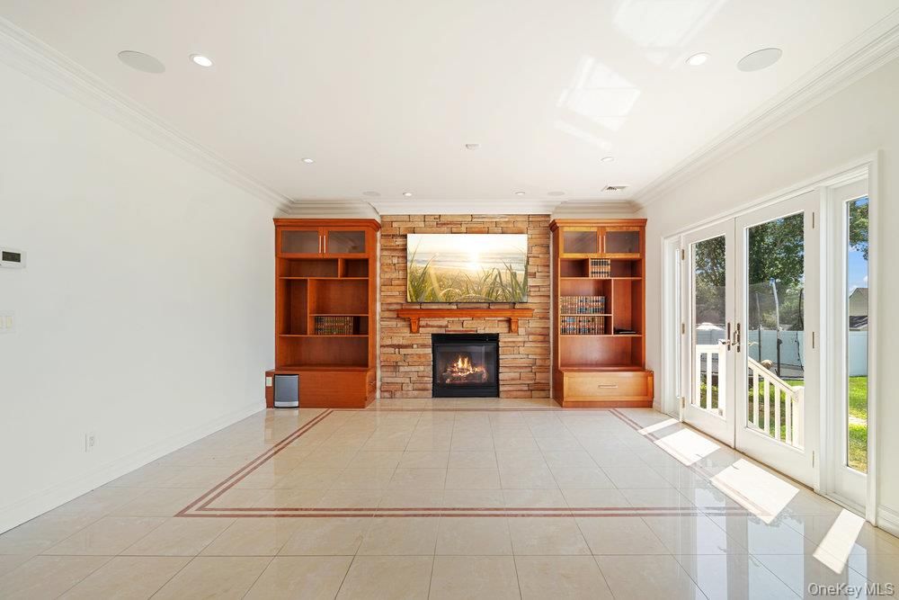 Empty room, Fireplace, Interior, Recessed Lighting, Stone Walls