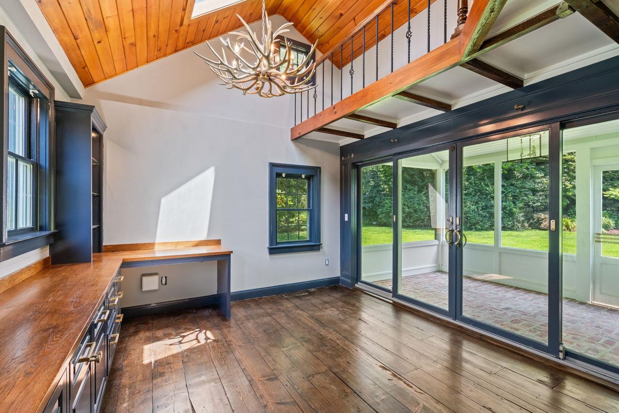 Chandelier, Interior, Sun Room, Wooden Ceilings, Wood Texture Flooring