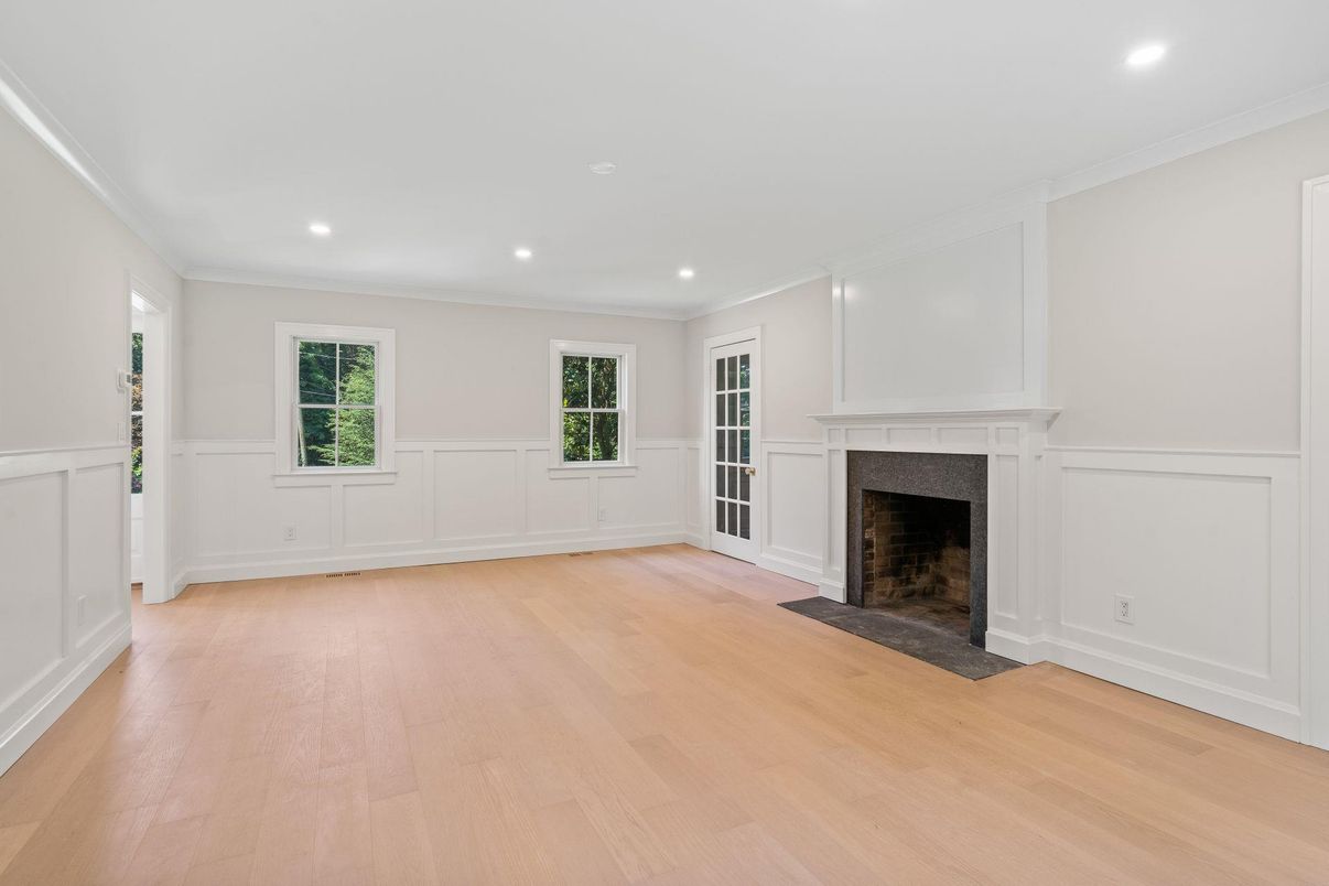 Empty room, Fireplace, Interior, Recessed Lighting, Wood Texture Flooring