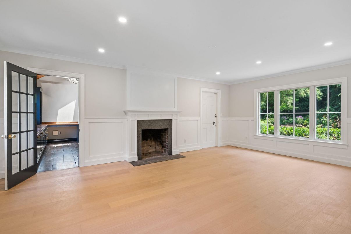 Empty room, Fireplace, Interior, Recessed Lighting, Wood Texture Flooring