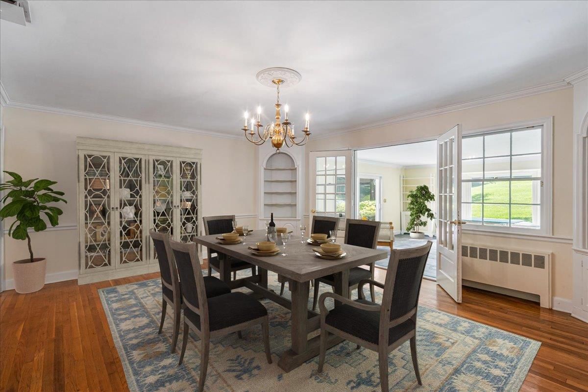 Chandelier, Dining room, Interior, Wood Texture Flooring