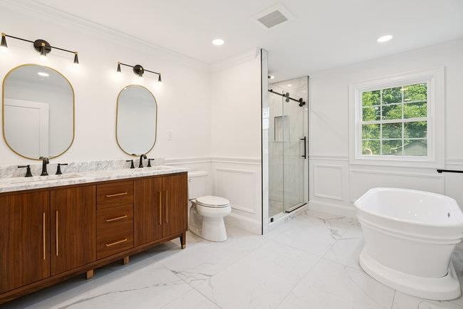 Bathroom, Dual Sink Vanities, Glass Shower, Interior, Marble, Recessed Lighting