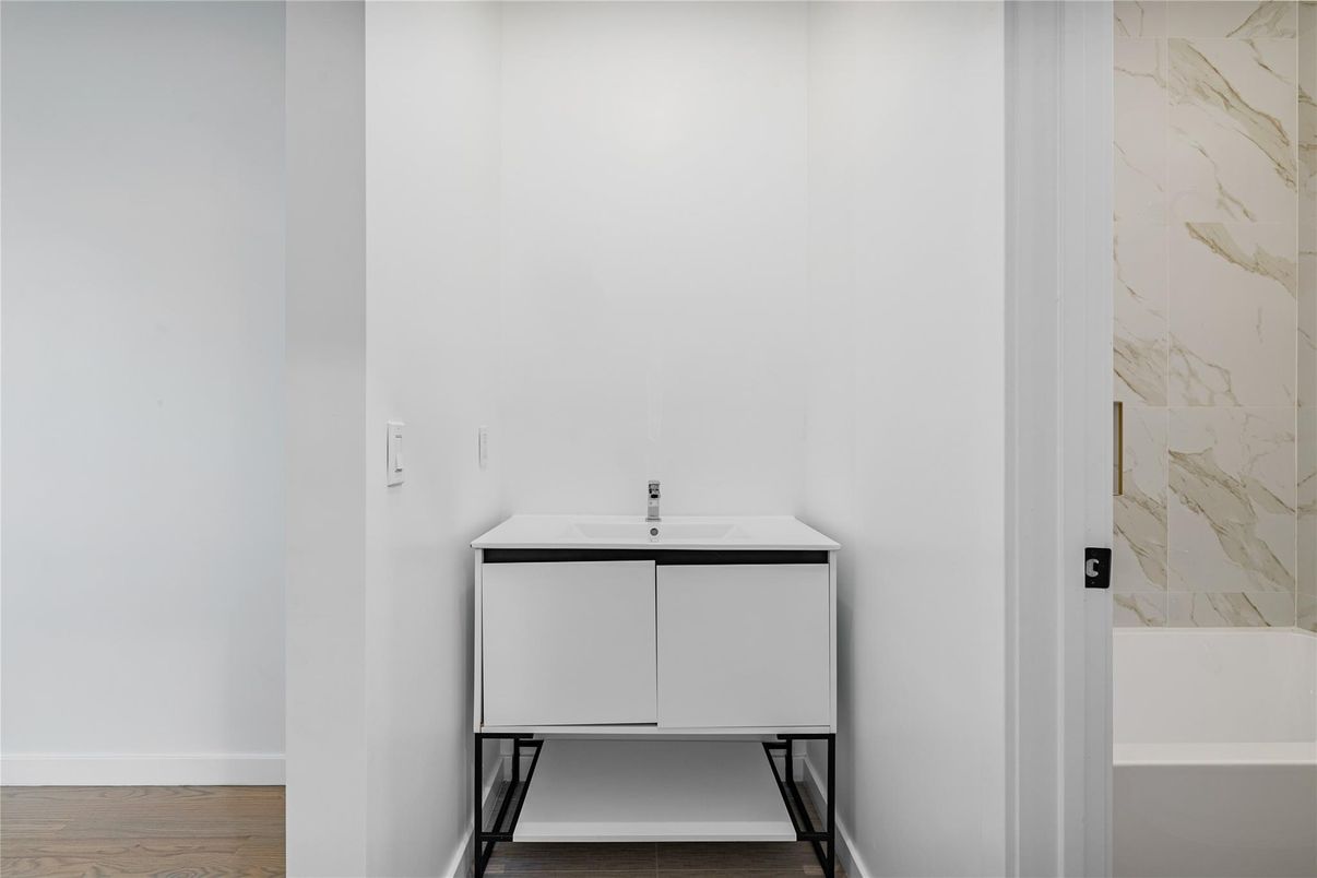 Bathroom, Interior, Marble Walls, Wood Texture Flooring