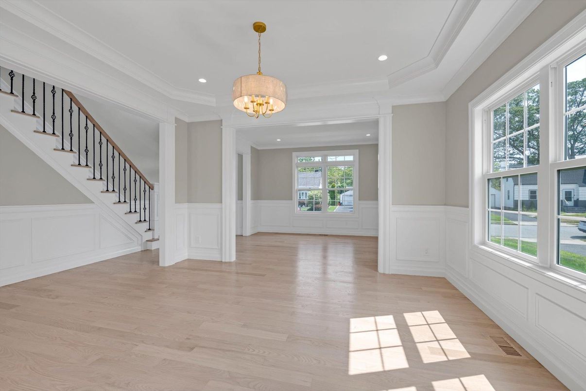 Empty room, Interior, Pendant Lights, Recessed Lighting, Wood Texture Flooring