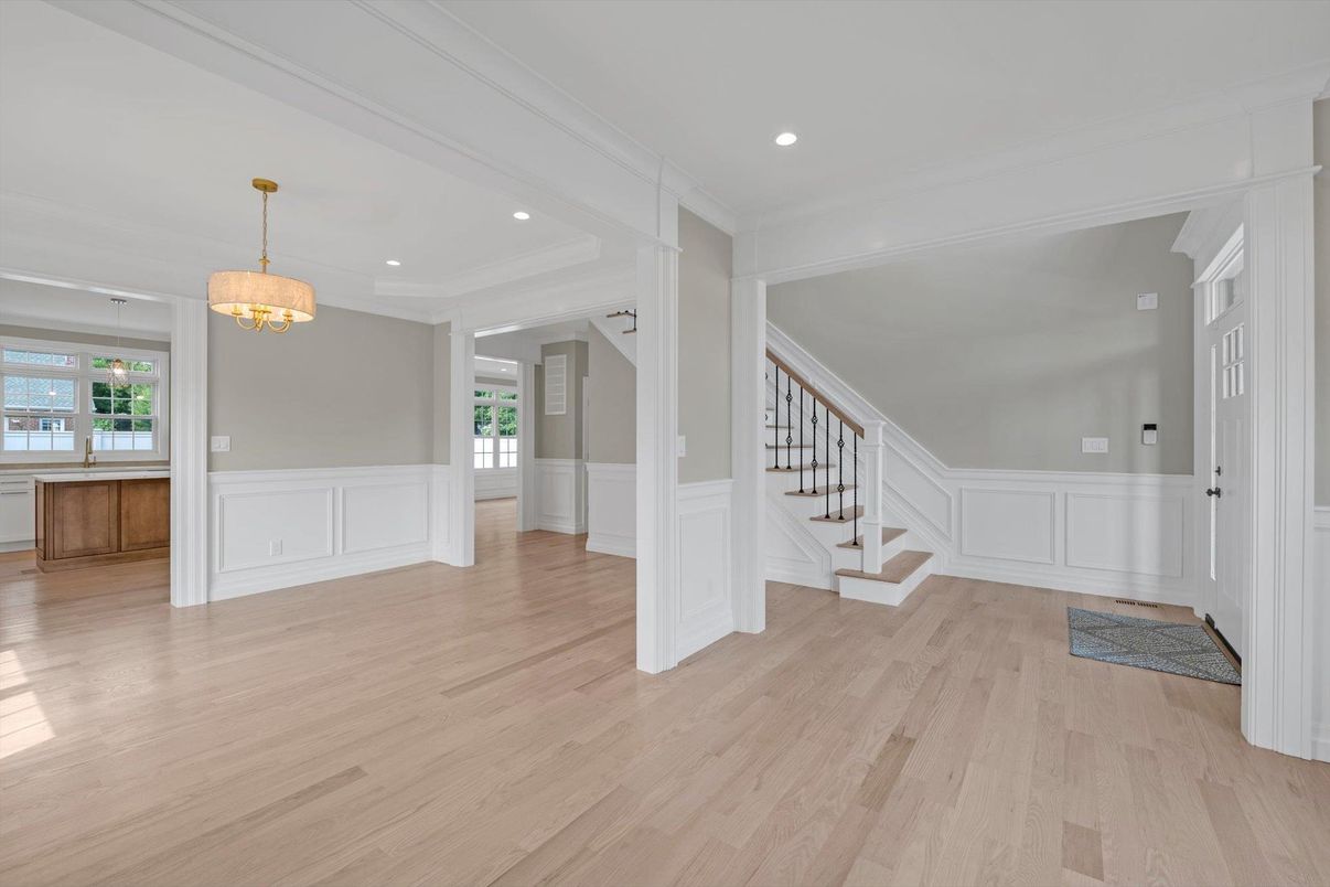 Empty room, Interior, Pendant Lights, Recessed Lighting, Wood Texture Flooring