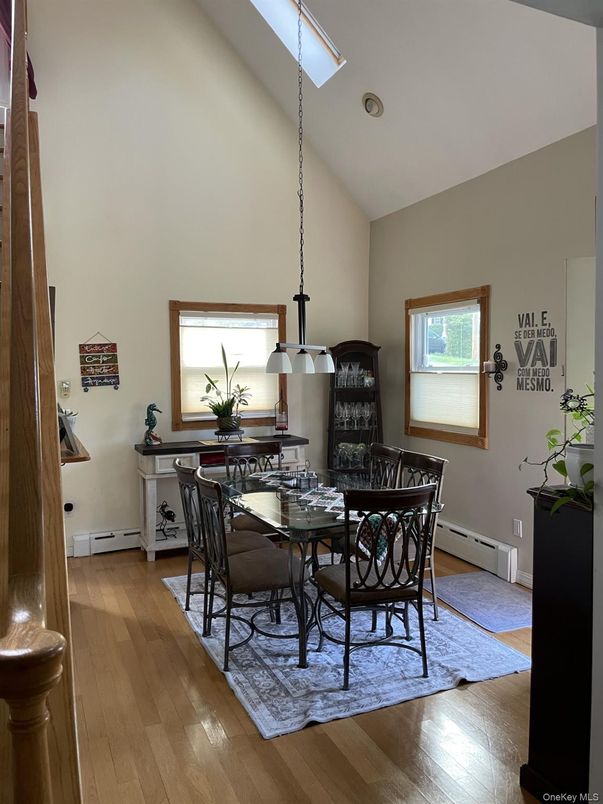Dining room, Interior, Pendant Lights, Wood Texture Flooring