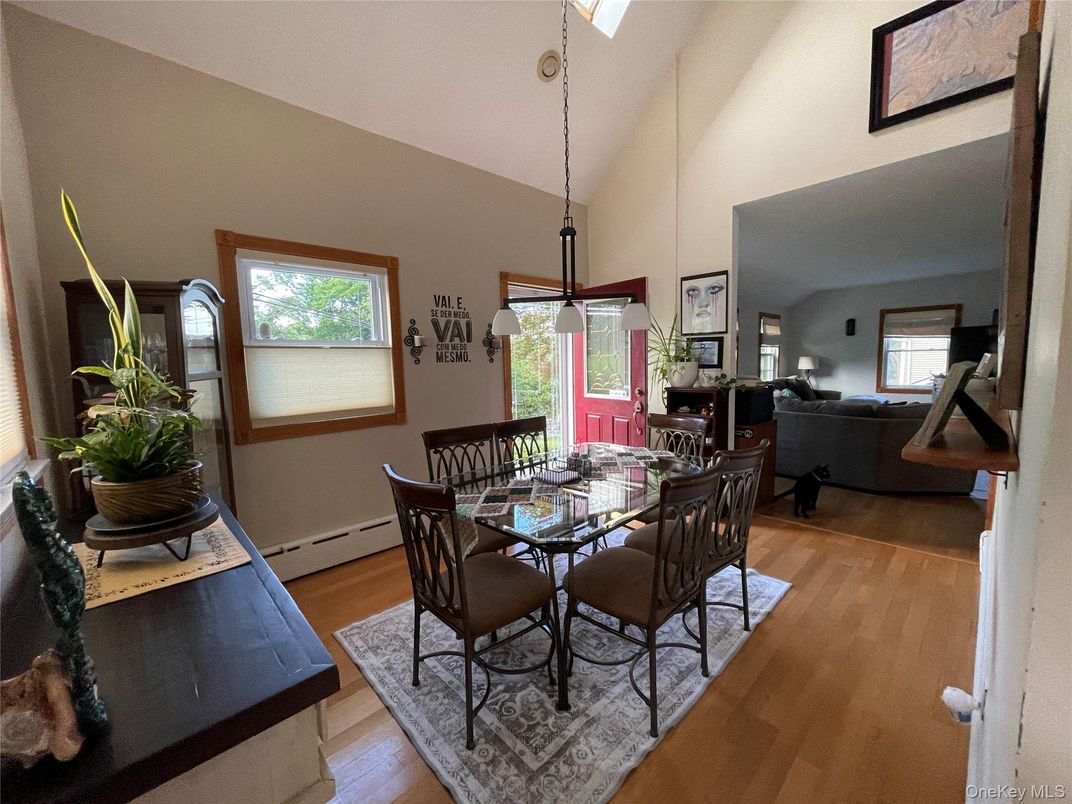 Dining room, Interior, Living room, Pendant Lights, Wood Texture Flooring