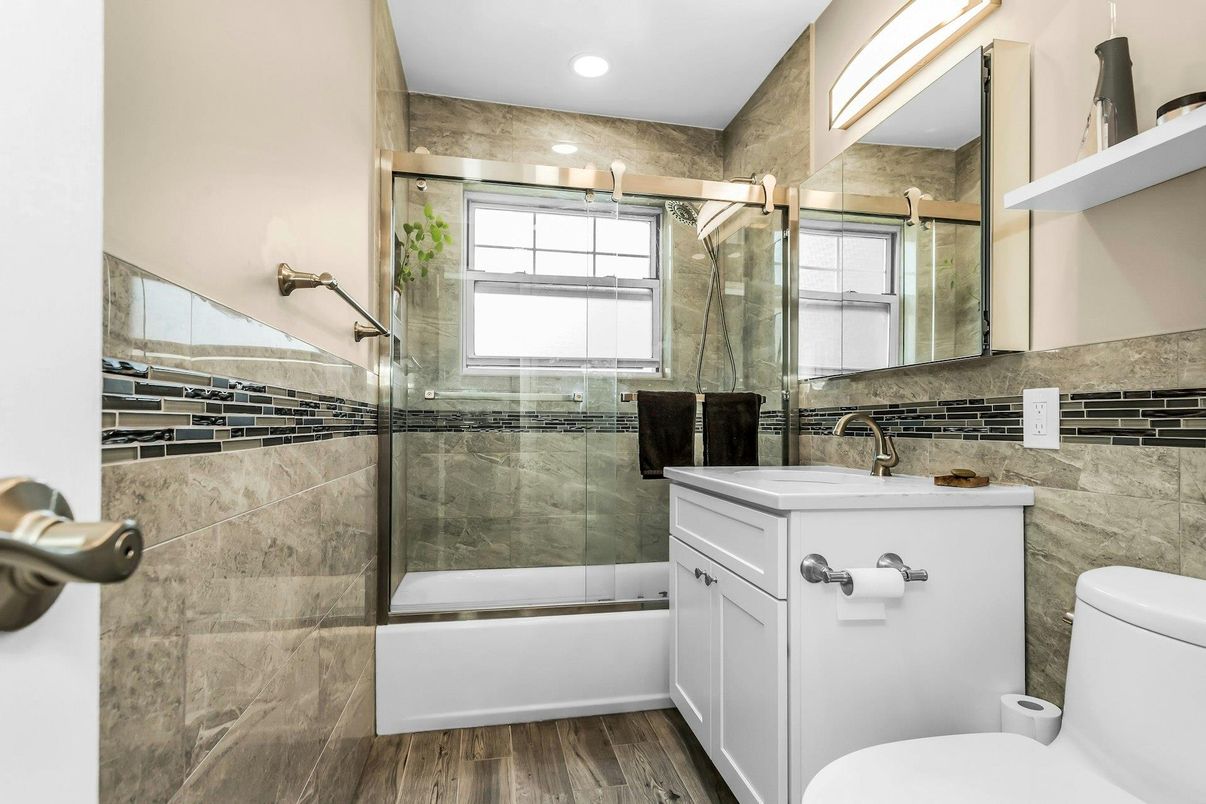 Bathroom, Glass Shower, Interior, Recessed Lighting, Wood Texture Flooring