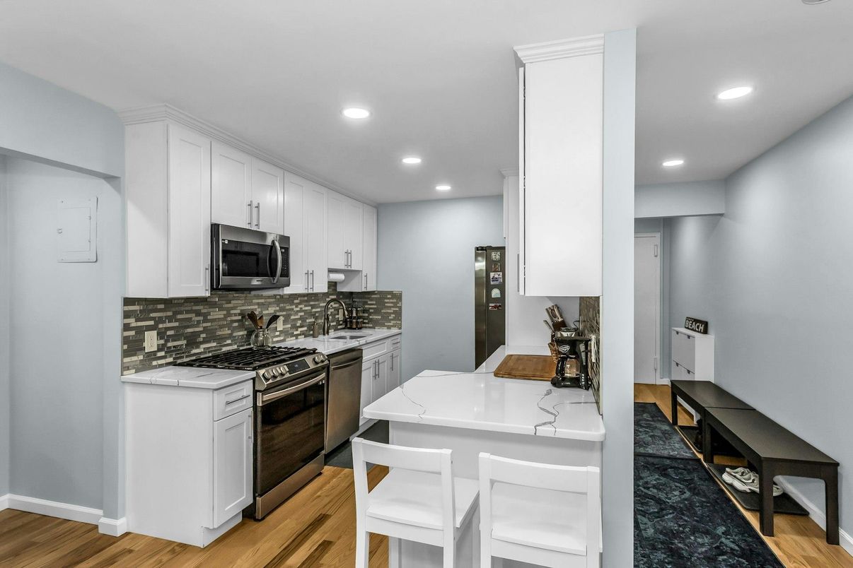 Interior, Kitchen, Recessed Lighting, Stainless Steel Appliances, Wood Texture Flooring
