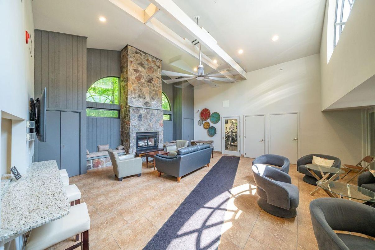Fireplace, Interior, Living room, Recessed Lighting, Stone Walls