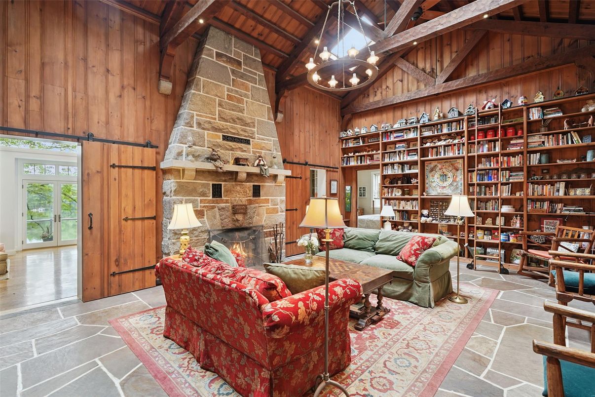 Chandelier, Fireplace, Interior, Living room, Stone Walls, Wooden Beams, Wooden Ceilings, Wooden Walls