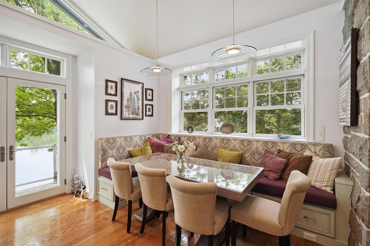 Dining room, Interior, Pendant Lights, Wood Texture Flooring