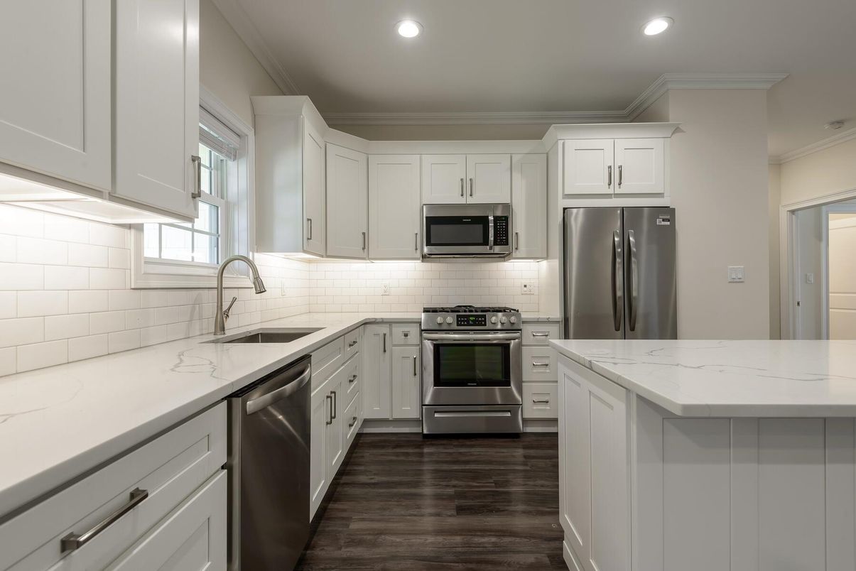Interior, Kitchen, Recessed Lighting, Stainless Steel Appliances, Wood Texture Flooring