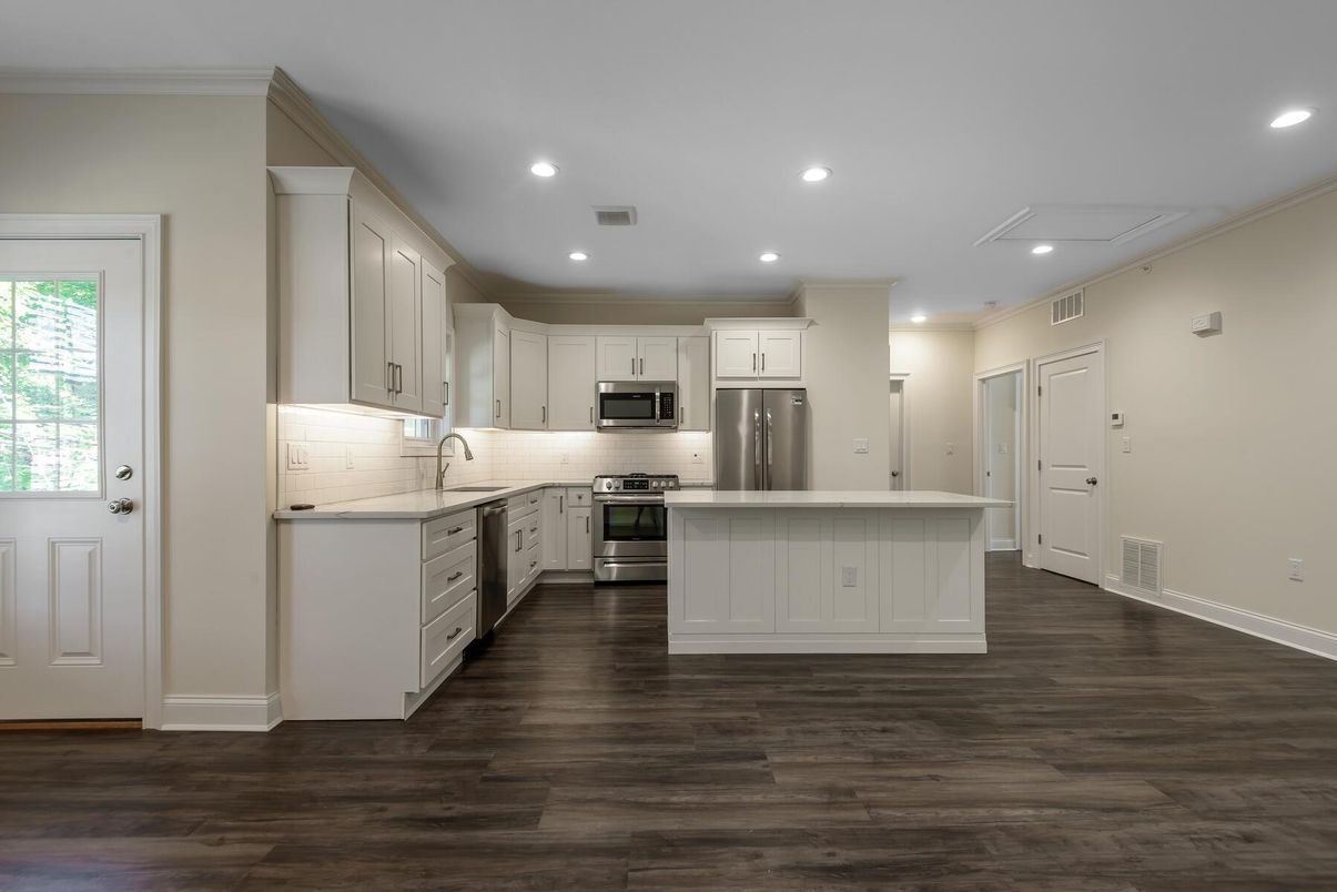 Interior, Kitchen, Recessed Lighting, Stainless Steel Appliances, Wood Texture Flooring
