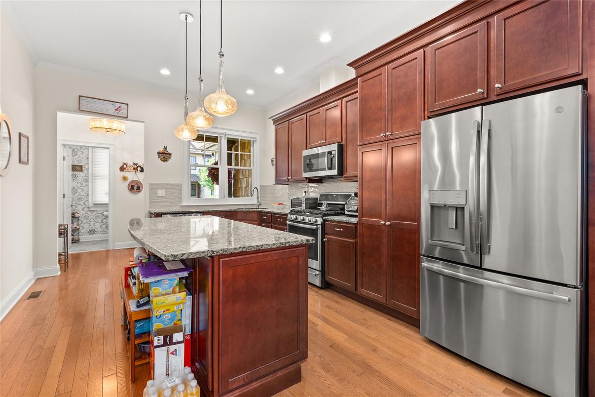 Interior, Kitchen, Pendant Lights, Recessed Lighting, Stainless Steel Appliances, Wood Texture Flooring