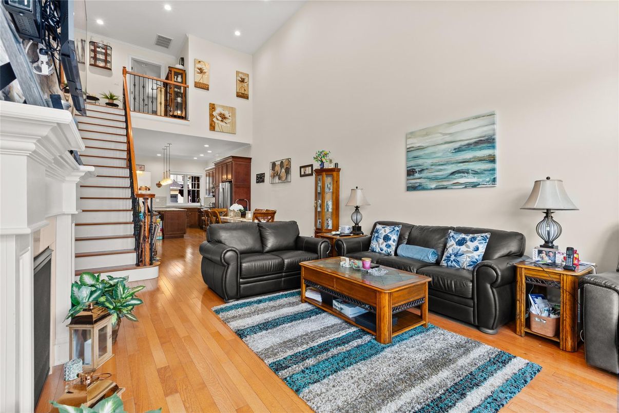 Fireplace, Interior, Kitchen, Living room, Pendant Lights, Recessed Lighting, Wood Texture Flooring