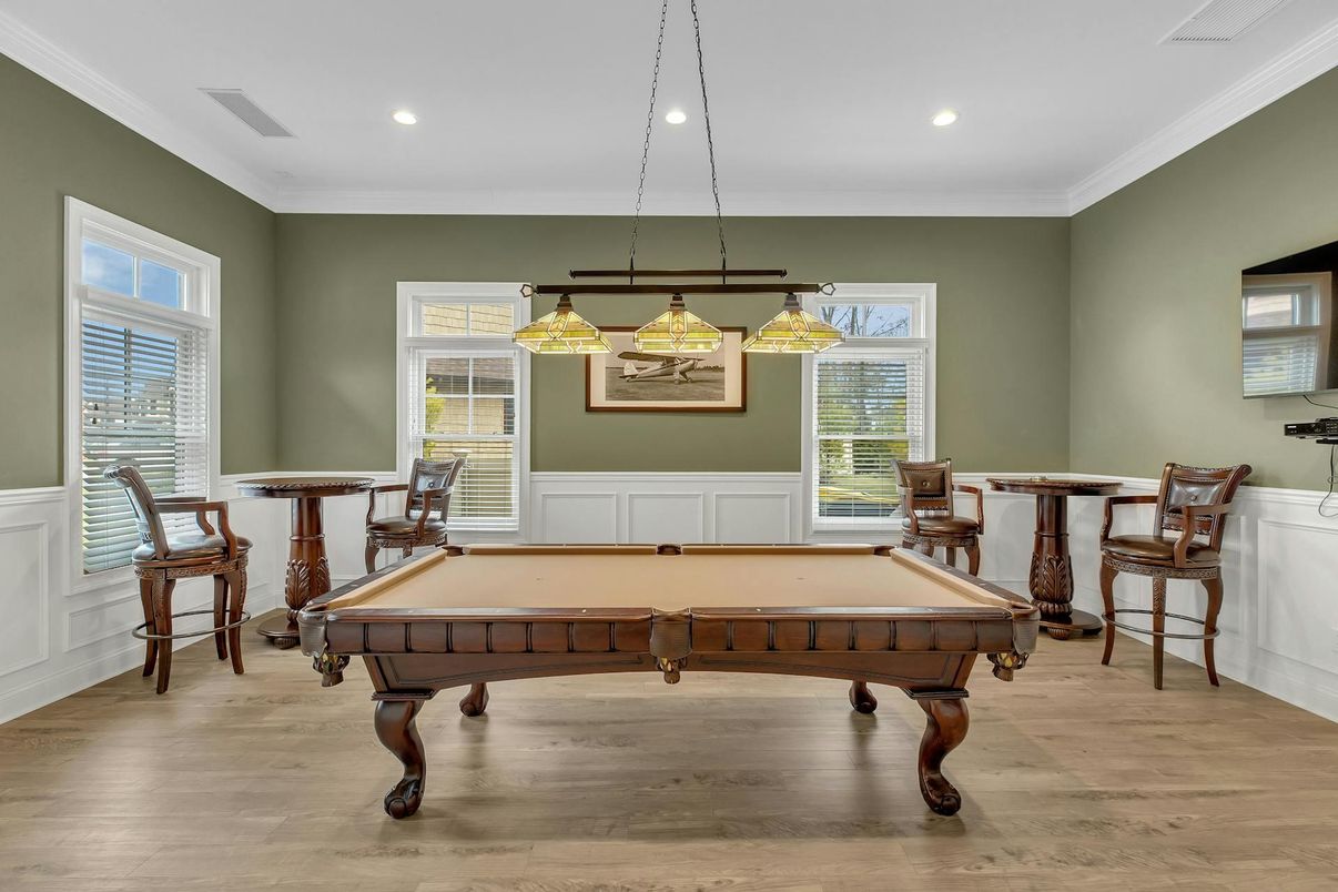 Billiard Table, Game Room, Interior, Pendant Lights, Recessed Lighting, Wood Texture Flooring