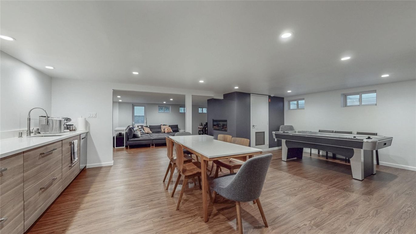 Dining room, Game Room, Interior, Kitchen, Living room, Recessed Lighting, Wood Texture Flooring