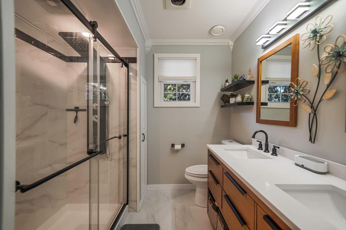 Bathroom, Dual Sink Vanities, Glass Shower, Interior, Marble