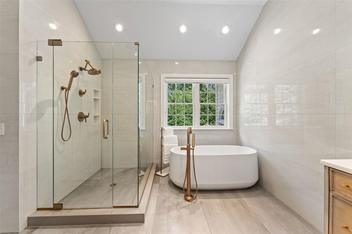 Bathroom, Free Standing Baths, Glass Shower, Interior, Recessed Lighting, Wood Texture Flooring