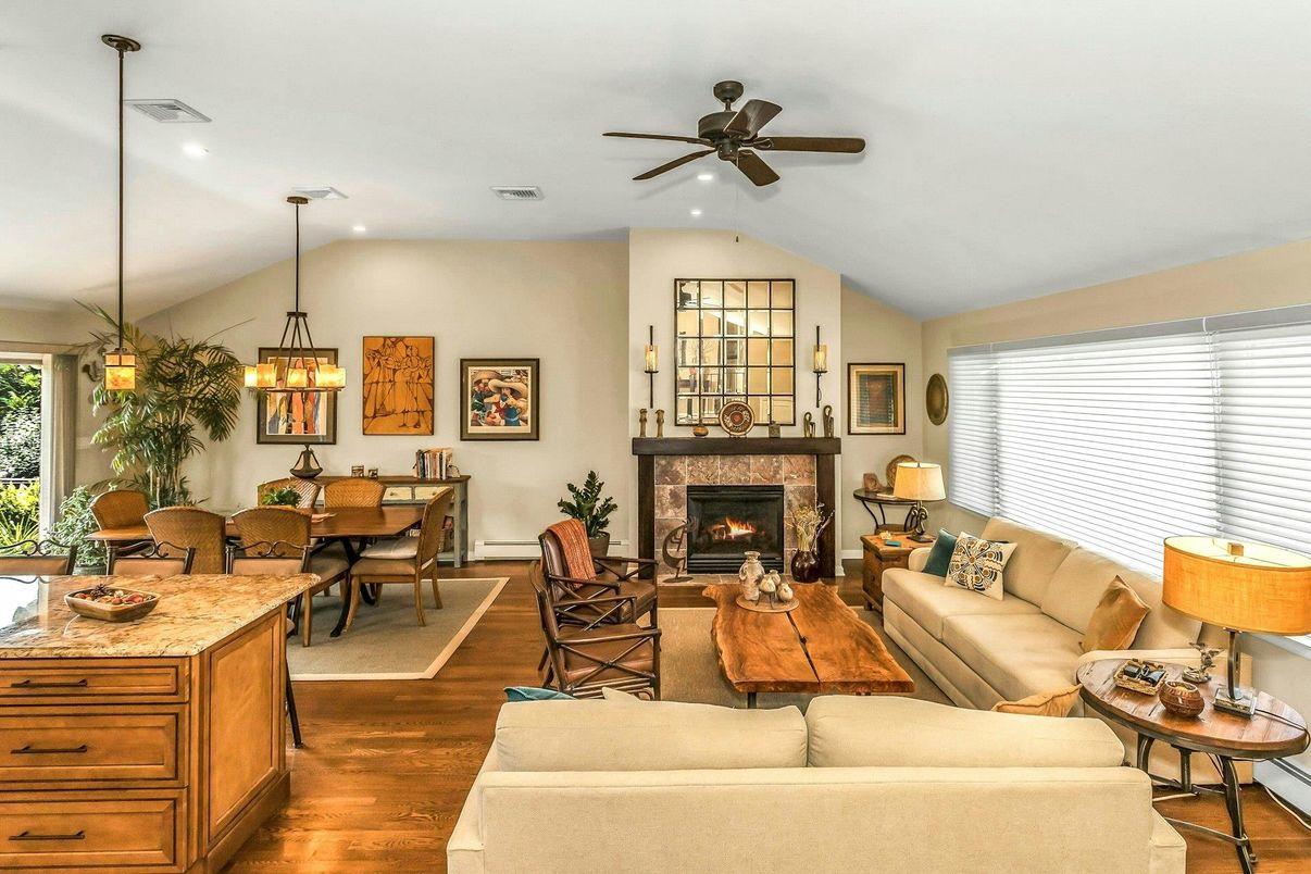 Dining room, Fireplace, Interior, Living room, Pendant Lights, Recessed Lighting, Wood Texture Flooring