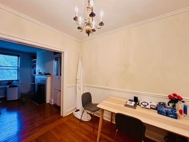 Chandelier, Fireplace, Home Office, Interior, Wood Texture Flooring