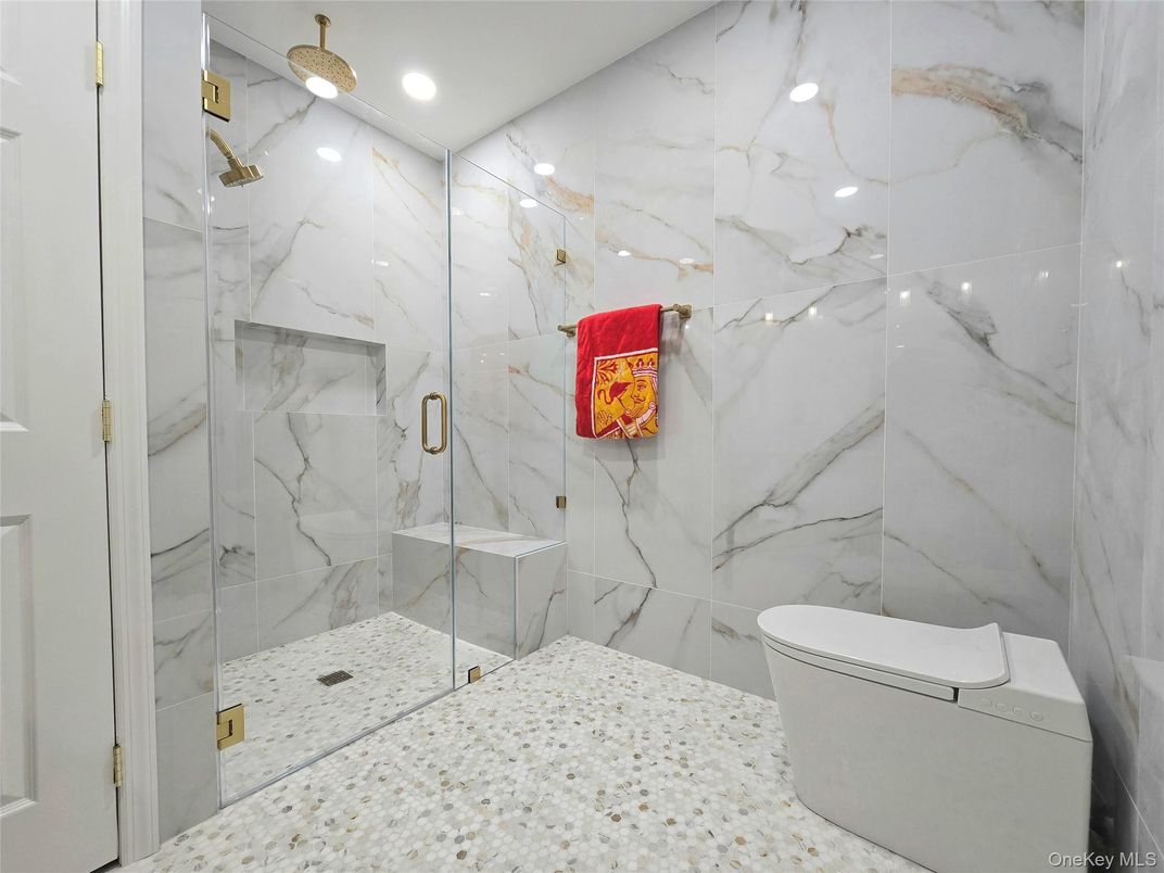 Bathroom, Glass Shower, Interior, Marble Walls, Recessed Lighting