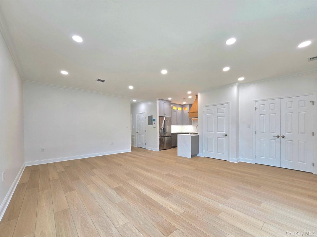 Empty room, Interior, Kitchen, Recessed Lighting, Wood Texture Flooring